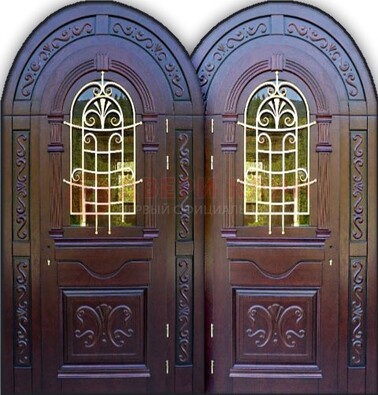 Индивидуальная арочная дверь со стеклом и ковкой ДА-19 в Луге
