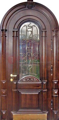 Арочная металлическая дверь массив со стеклом и ковкой ДА-50 в Луге