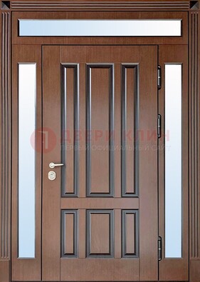 Железная дверь со стеклом и фрамугами в коричневом цвете ДФГ-8 в Луге