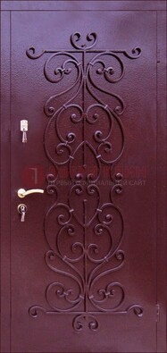 Бордовая металлическая дверь с ковкой ДК-21 в кирпичный дом в Луге