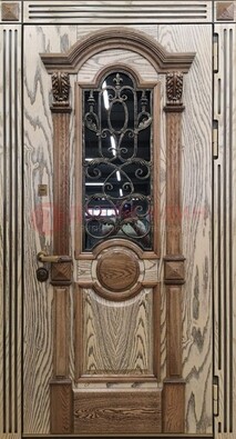Железная дверь с массивом дуба со стеклом и ковкой ДМД-47 в Луге