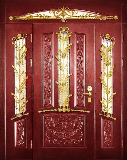 Бордовая железная парадная дверь со стеклом и ковкой ДПР-75