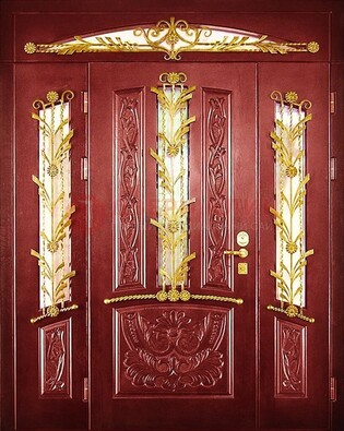 Бордовая железная парадная дверь со стеклом и ковкой ДПР-75 в Луге