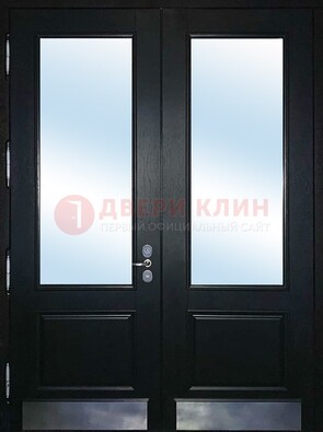 Черная двухстворчатая металлическая дверь со стеклом ДС-25 в Луге
