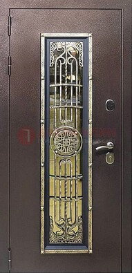 Железная дверь цвета медный антик со стеклом и ковкой ДСК-105 в Луге