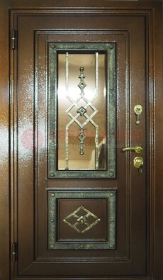 Теплая входная дверь со стеклом и ковкой разноцветной ДСК-13 в Чехове