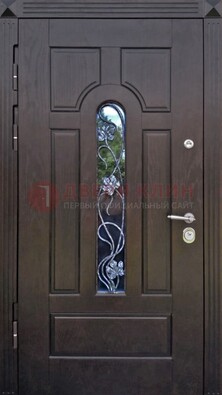 Металлическая дверь со стеклом и ковкой в цвете венге ДСК-142 в Луге