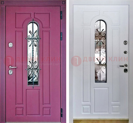 Розовая металлическая дверь со стеклом и ковкой ДСК-151 в Луге