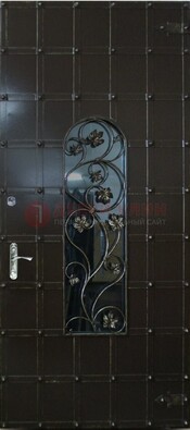 Высокая железная дверь со стеклом и ковкой ДСК-15 в Уфе