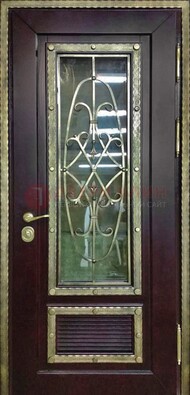 Темная уличная дверь порошок со стеклом и ковкой ДСК-167 в Луге