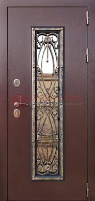 Коричневая стальная дверь порошок со стеклом и ковкой для дома ДСК-169 в Луге