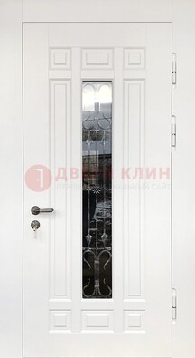 Белая стальная дверь винорит со стеклом и ковкой ДСК-191 в Луге