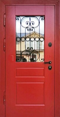 Красная железная дверь Винорит со стеклом и ковкой ДСК-205 в Луге