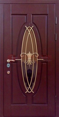 Бордовая стальная дверь Винорит со стеклом и ковкой ДСК-263 в Твери