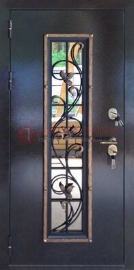 Железная дверь с порошковым напылением стеклом и ковкой ДСК-279 в Луге