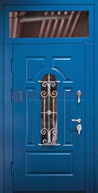 Синяя железная филенчатая дверь со стеклом и ковкой ДСК-97 в Луге