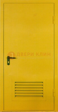 Желтая металлическая техническая дверь с вентиляционной решеткой ДТ-15 в Луге