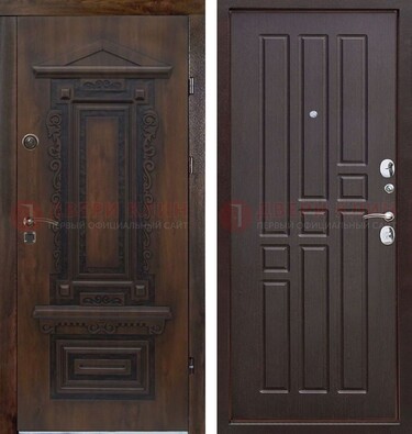 Железная коричневая уличная дверь с виноритом и МДФ Шоколад ДВТ-124 в Луге
