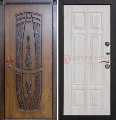 Железная коричневая уличная дверь с виноритом и МДФ Беленый дуб ДВТ-125 в Луге