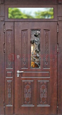 Коричневая металлическая дверь с виноритом и резьбой ДВТ-56 в Луге