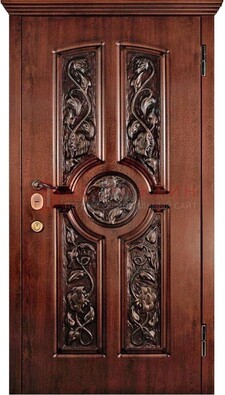 Филенчатая металлическая дверь с виноритом и резьбой ДВТ-69 в Луге