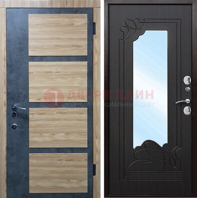 Металлическая дверь Темный орех c фрезерованной МДФ с зеркалом ДЗ-103 в Луге