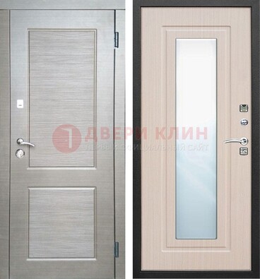 Светлая металлическая филенчатая дверь и МДФ Белый дуб с зеркалом ДЗ-104 в Луге