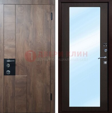 Коричневая металлическая дверь c МДФ с зеркалом ДЗ-106 в Луге