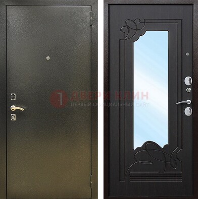Железная темная дверь c порошковым напылением и МДФ с узором и зеркалом ДЗ-111 в Луге