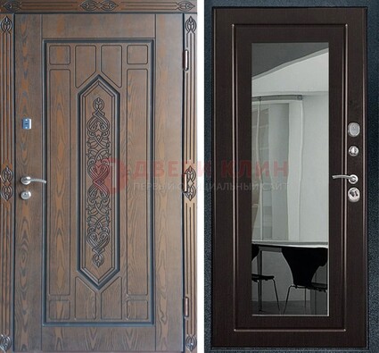 Уличная коричневая дверь c виноритом и МДФ Венге с зеркалом ДЗ-116 в Луге