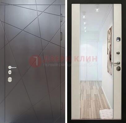 Железная коричневая дверь со светлой МДФ внутри и зеркалом ДЗ-125 в Калуге