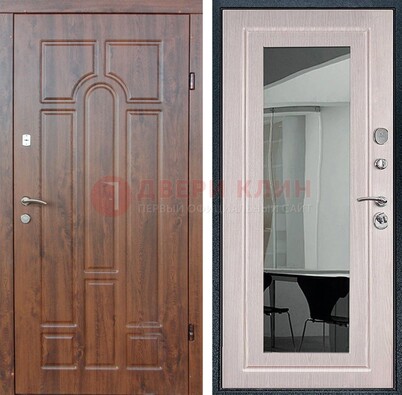 Входная коричневая дверь с МДФ Белый дуб и зеркалом ДЗ-126 в Луге