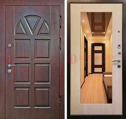 Темная железная дверь с МДФ и зеркалом в квартиру ДЗ-135 в Луге