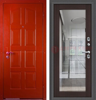 Красная металлическая дверь с МДФ и зеркалом ДЗ-136 в Луге