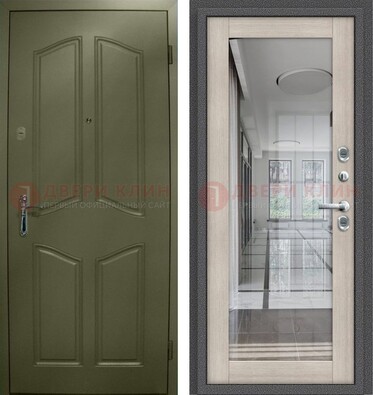 Зеленая стальная дверь с МДФ панелями и зеркалом ДЗ-137 в Луге
