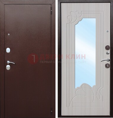 Коричневая металлическая дверь с зеркалом МДФ внутри ДЗ-33 в Луге