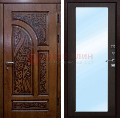 Коричневая входная дверь c узором и виноритом МДФ с зеркалом ДЗ-98 в Луге