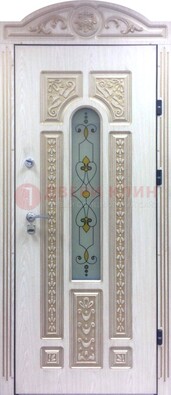Белая железная дверь с МДФ и витражом ВЖ-26 в Луге