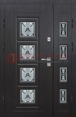 Чёрная двухстворчатая железная дверь с МДФ и витражом ВЖ-35 в Луге