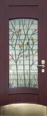 Бордовая стальная дверь с витражом и декоративным элементом ВЖ-3 в Луге